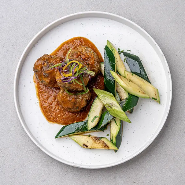 Sage Garlic Meatballs with Squash & Tomato Sauté